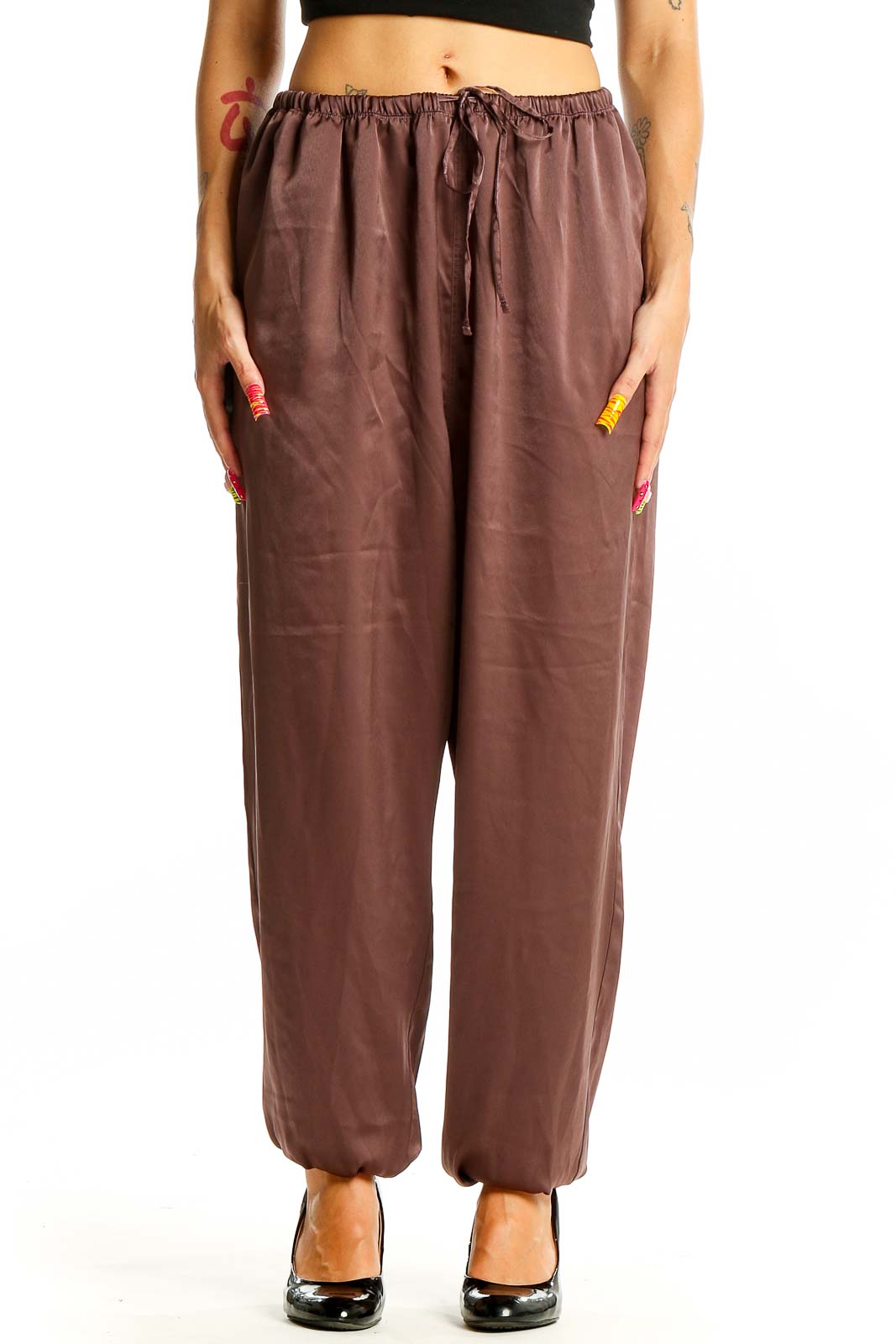 Brown Relaxed Fit Drawstring Pants Front