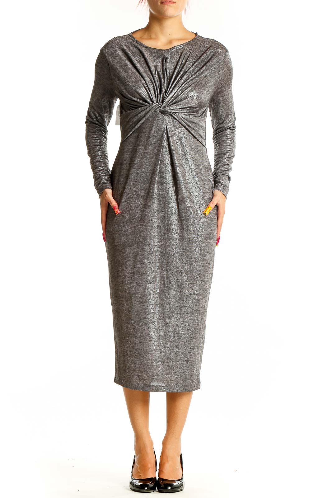 Gray Twist-Front Midi Dress Front