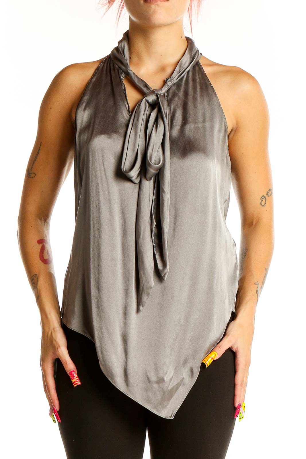 Gray Silk Halter Top with Tie Neck Front