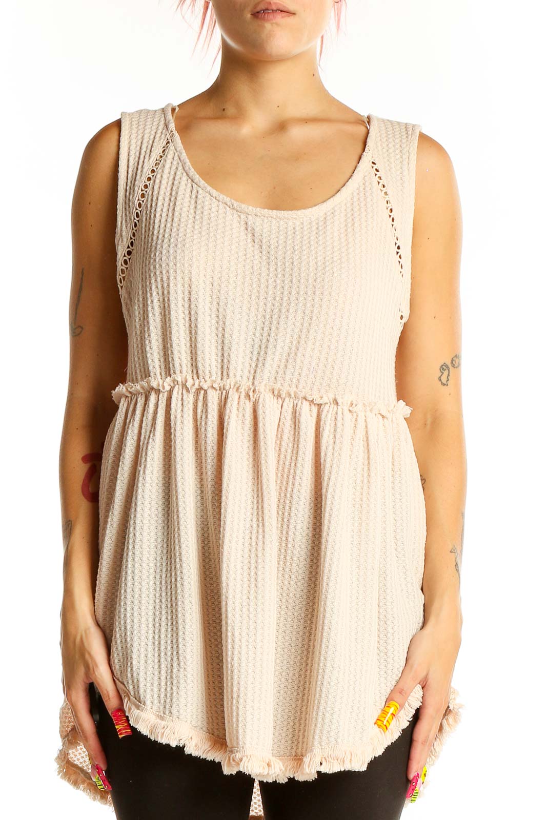 Beige Textured Babydoll Tank Top Front