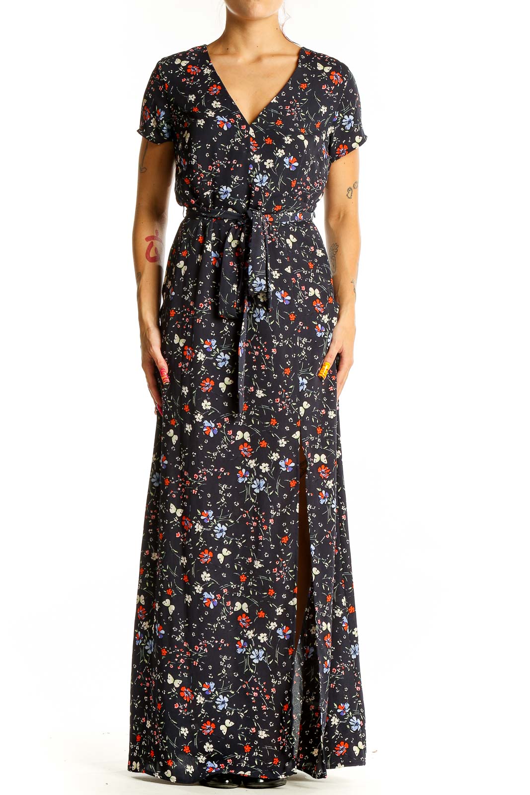 Black Floral Print Maxi Dress Front