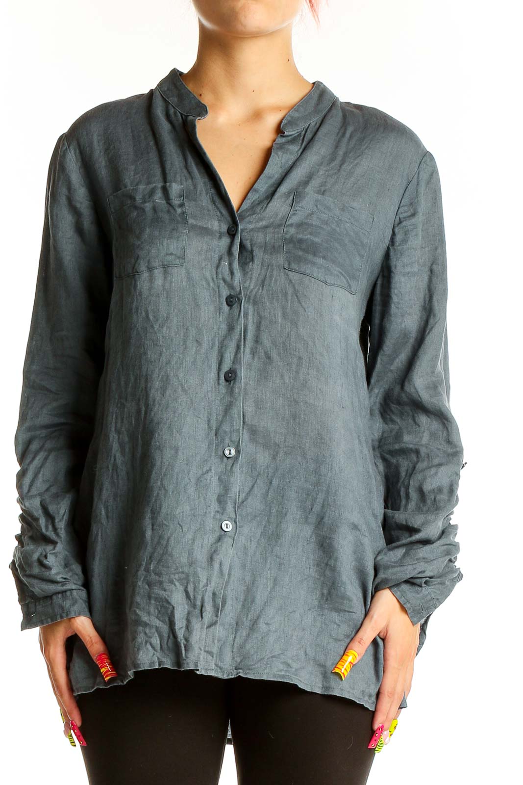 Gray Linen Button-Down Shirt Front