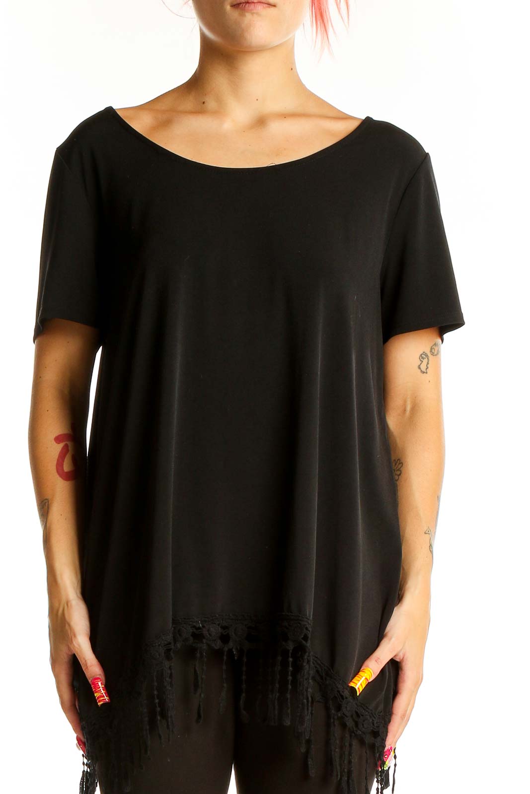 Black Fringed Oversized T-Shirt Front