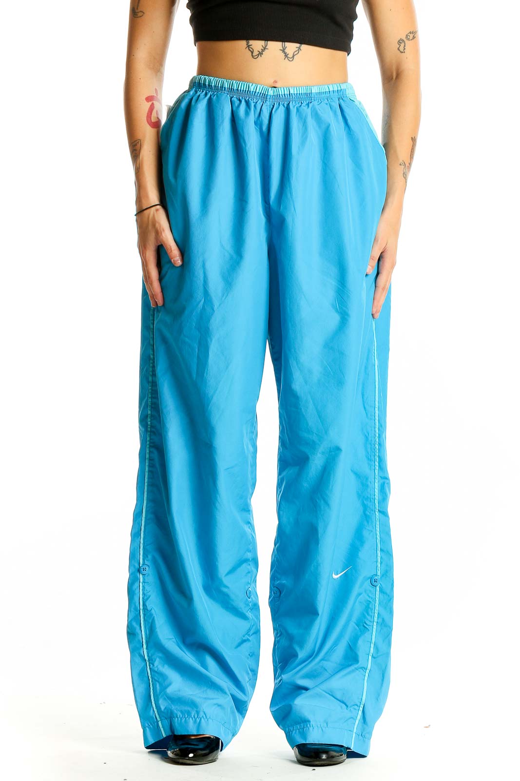 Blue Polyester Wide-Leg Track Pants Front