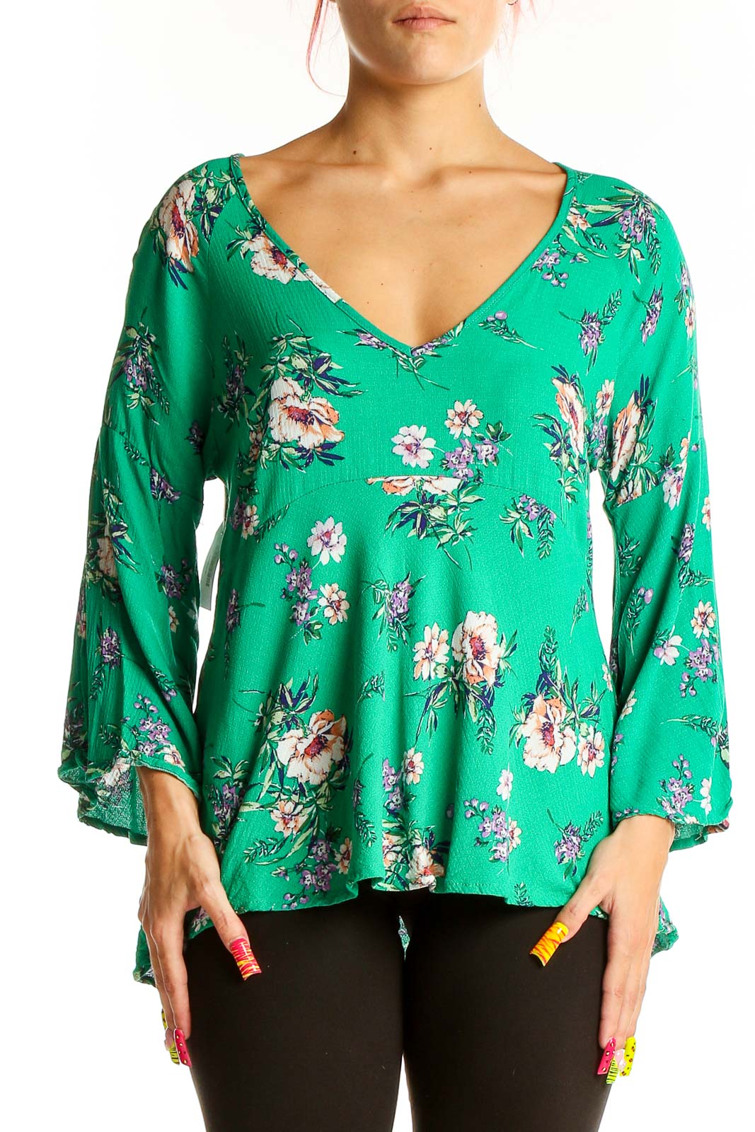 Green Floral Bell Sleeve Blouse Front