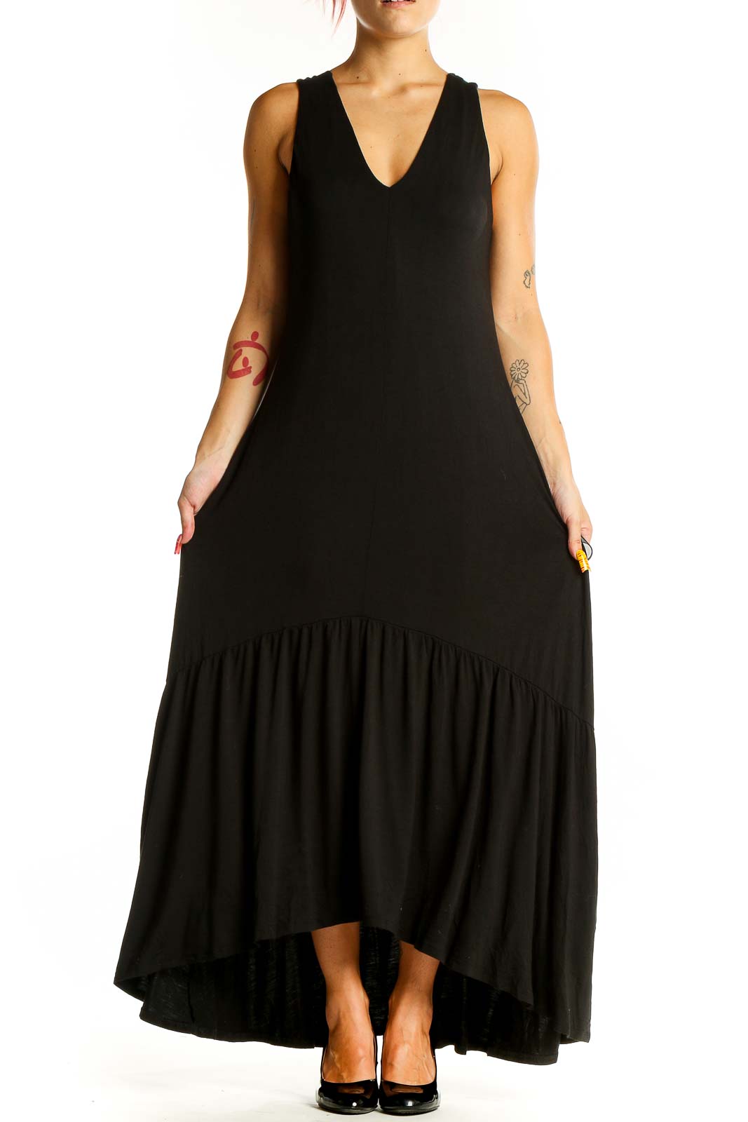 Black Solid Maxi Dress Front