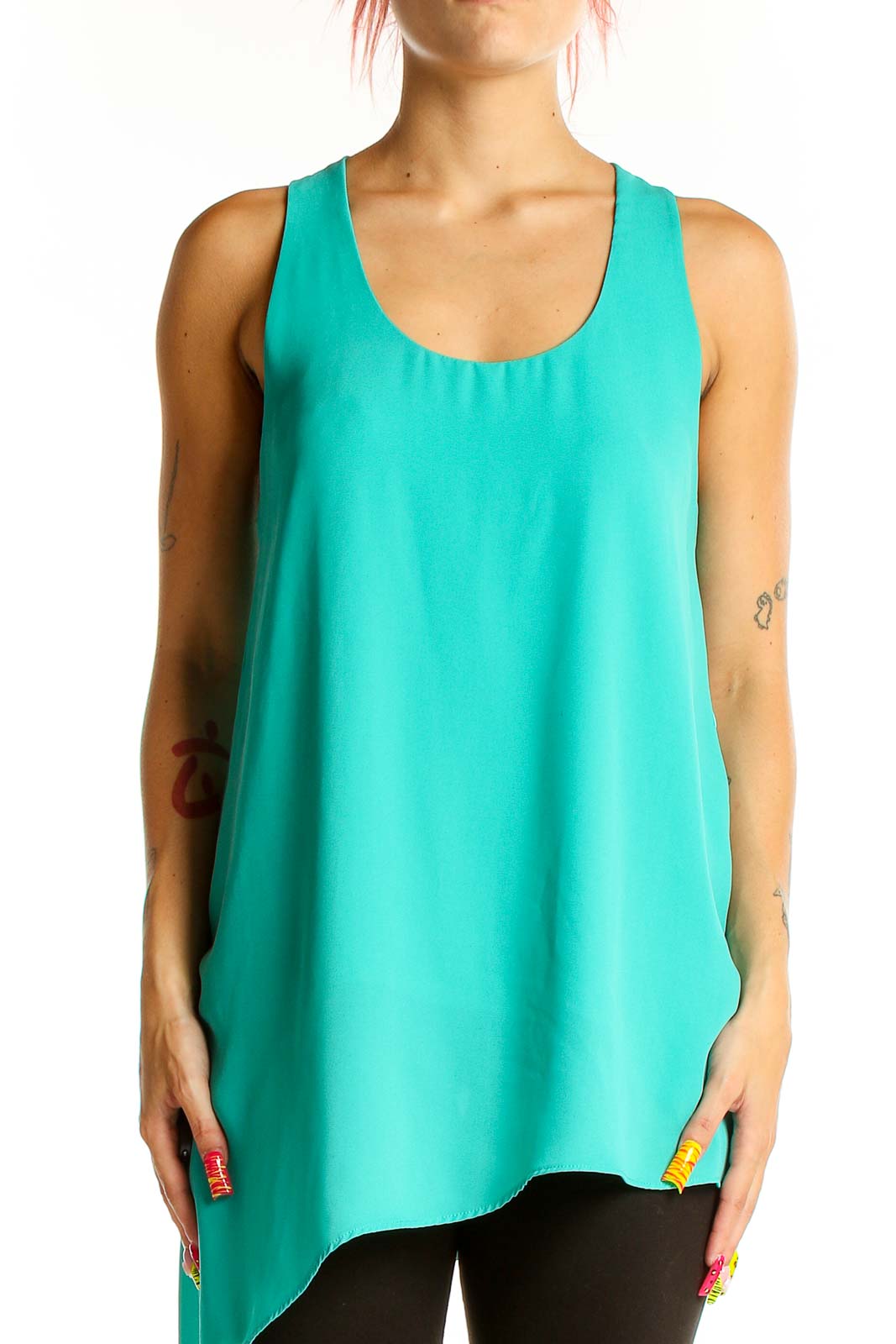 Teal Flowy Asymmetrical Tank Top Front
