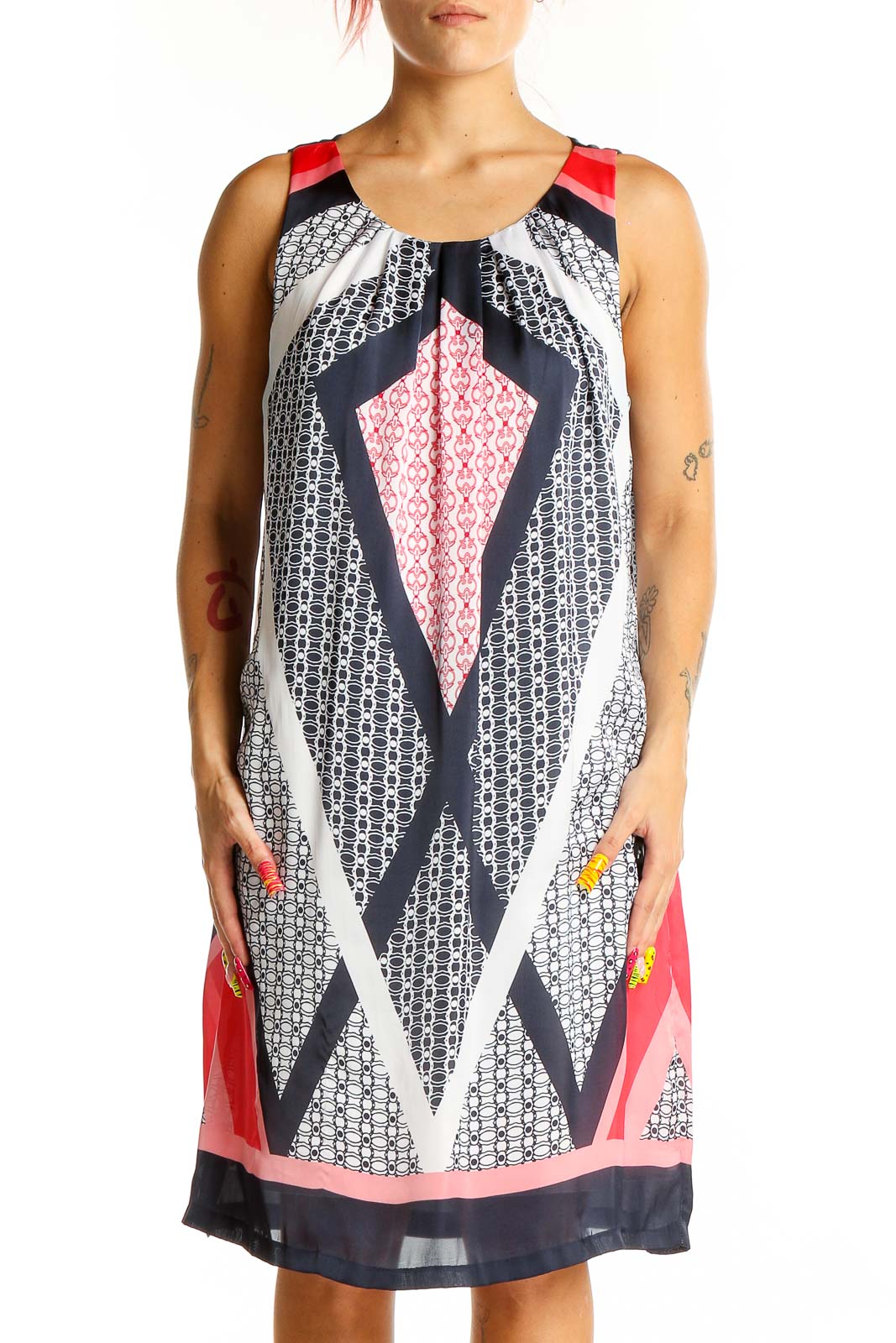 Navy and Red Geometric Print Sleeveless Dress Front