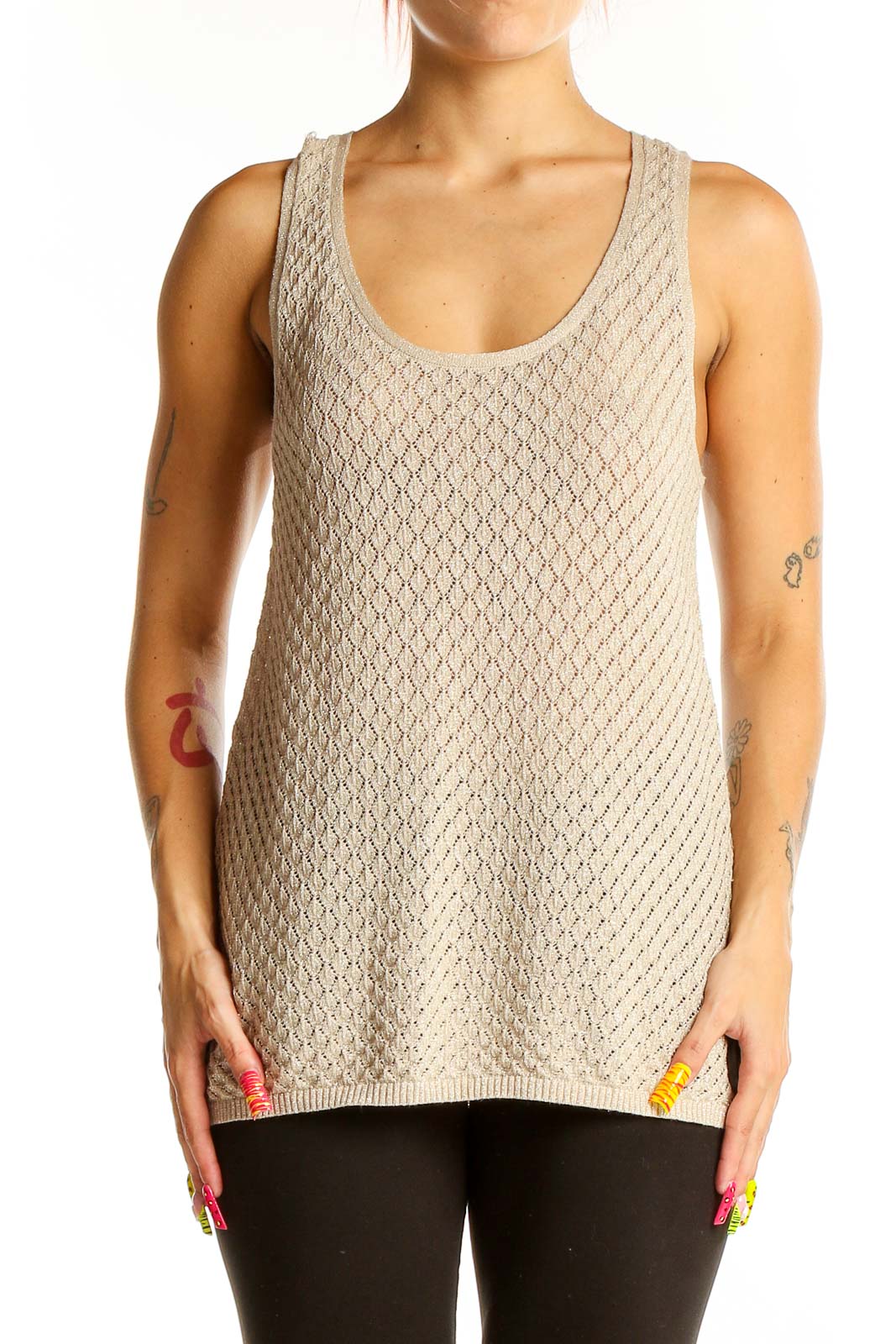 Beige Textured Sleeveless Tank Top Front