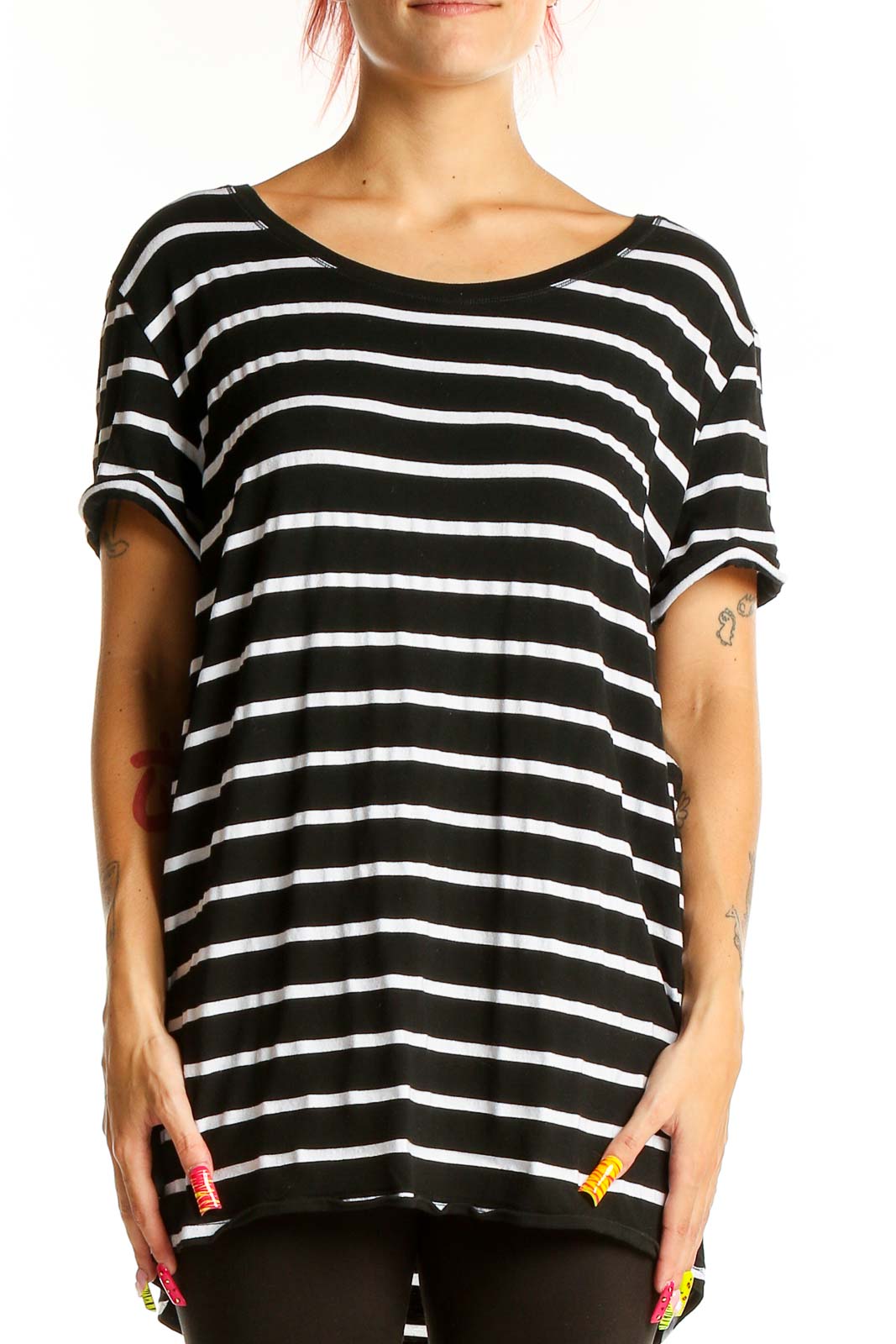 Black and White Striped Oversized Top Front
