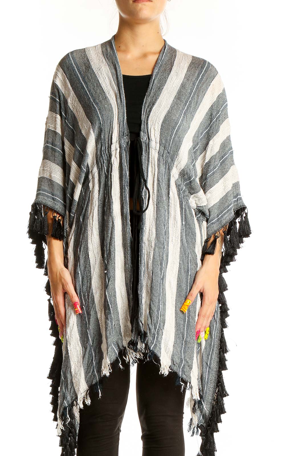 Gray and White Striped Fringed Kimono Front