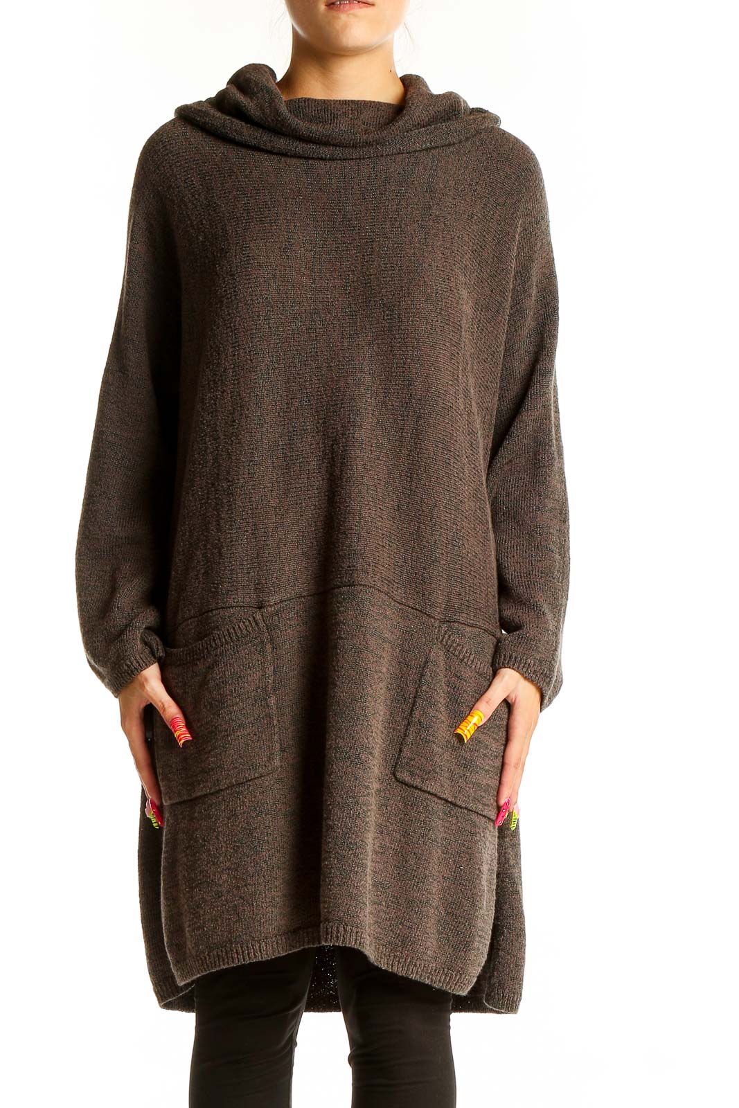 Brown Oversized Hooded Knit Sweater Front