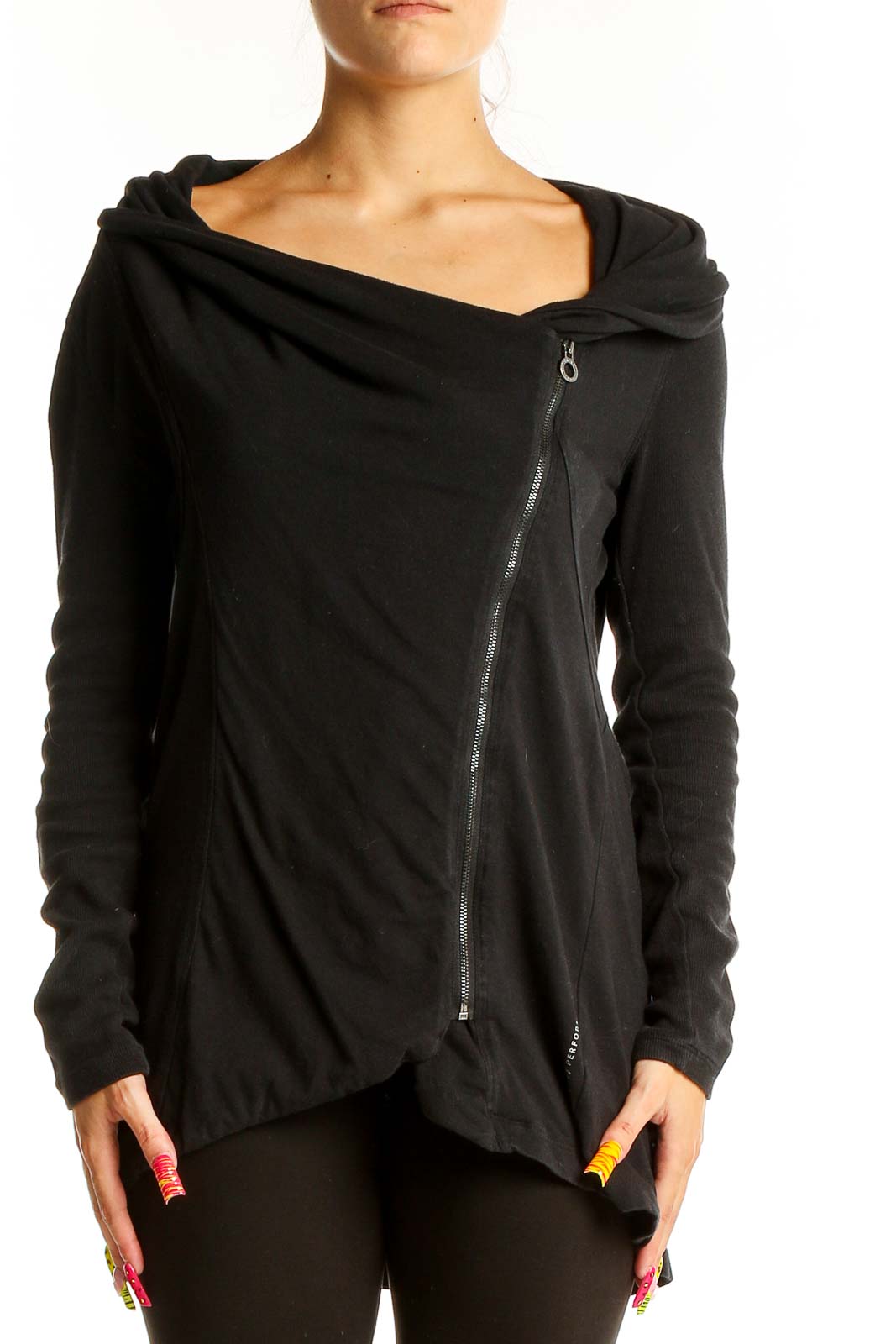 Black Asymmetric Zip-Up Athletic Jacket Front