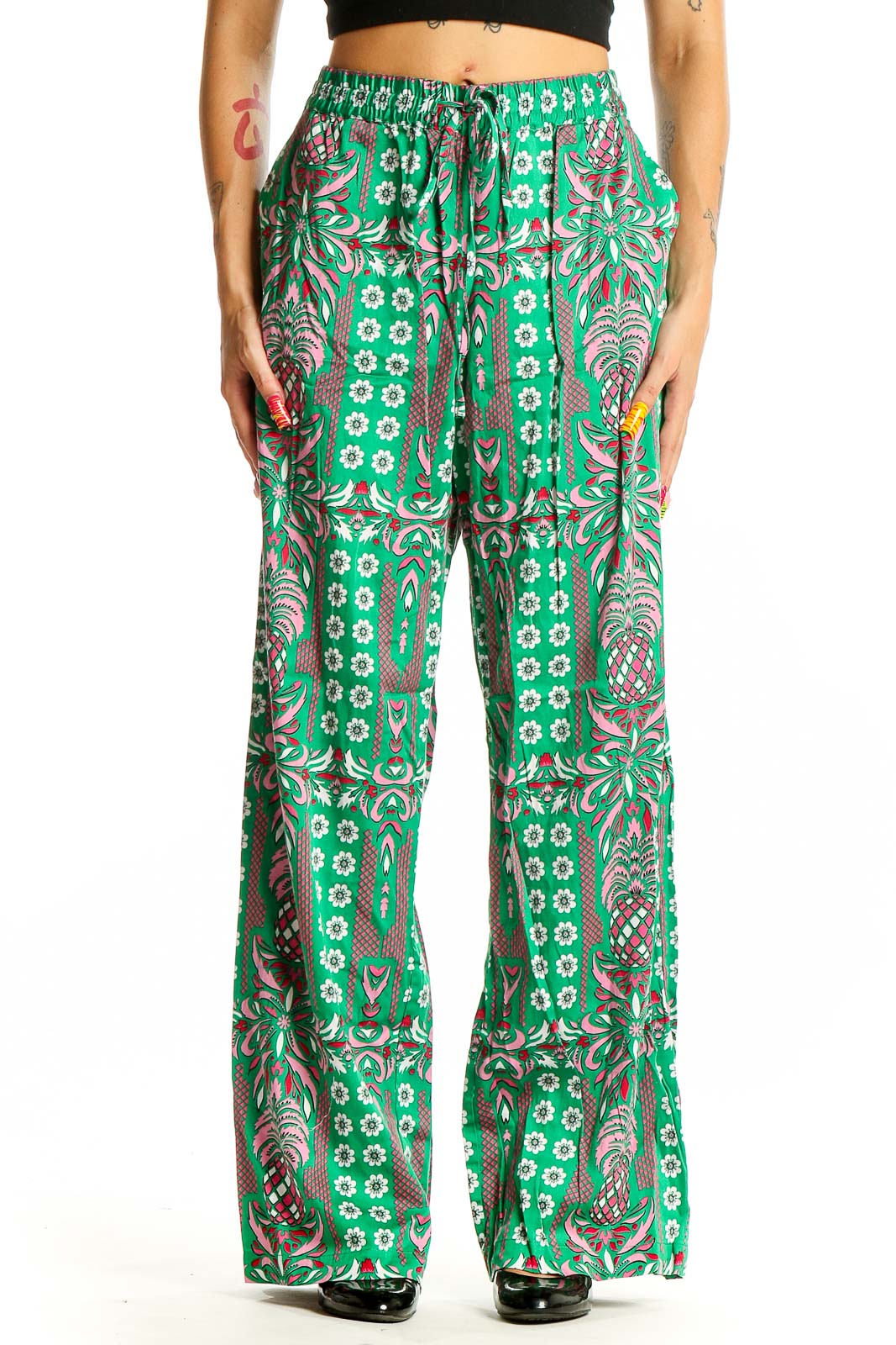 Green Wide Leg Print Pants Front