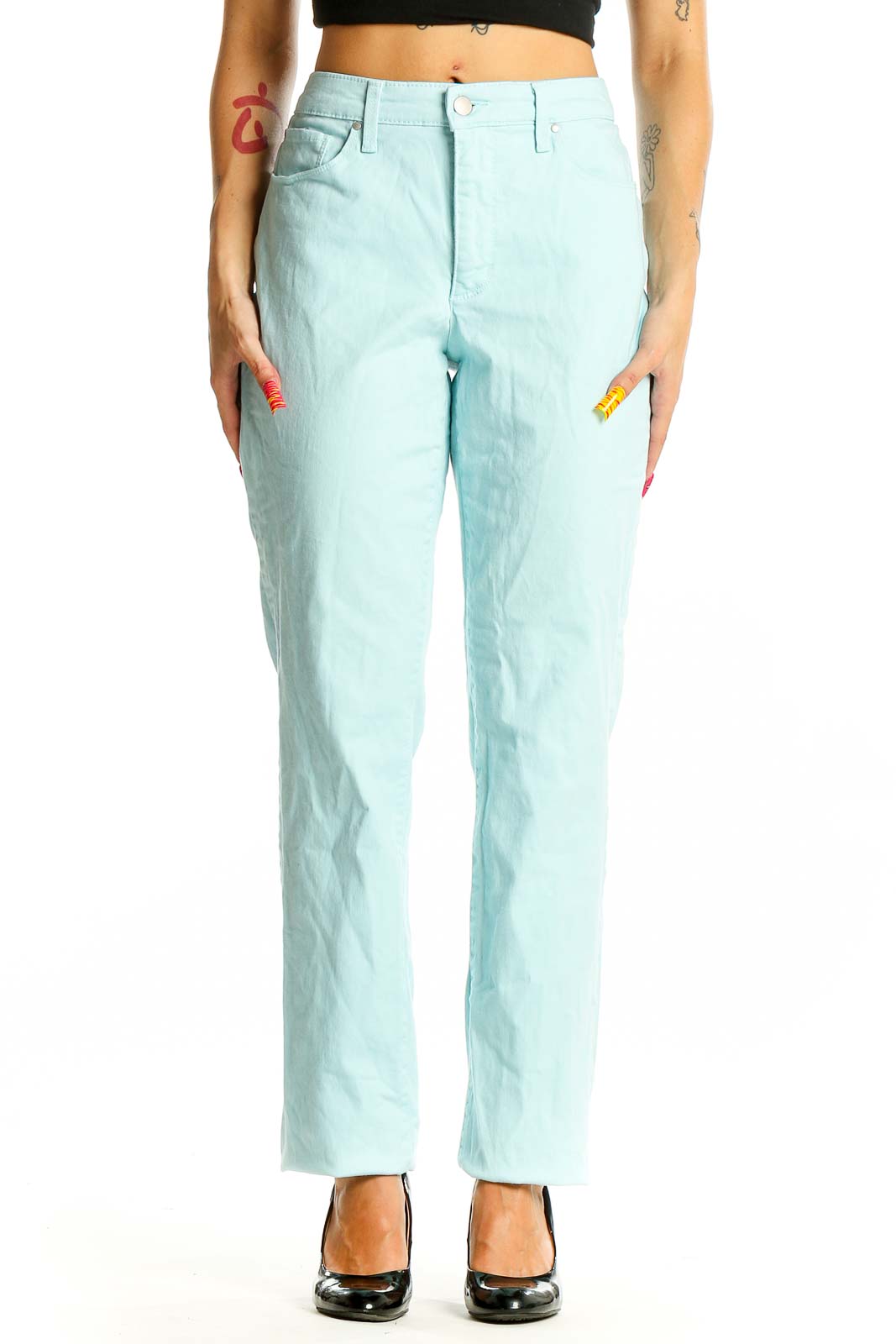 Mint Green Cotton Blend Straight Leg Pants Front