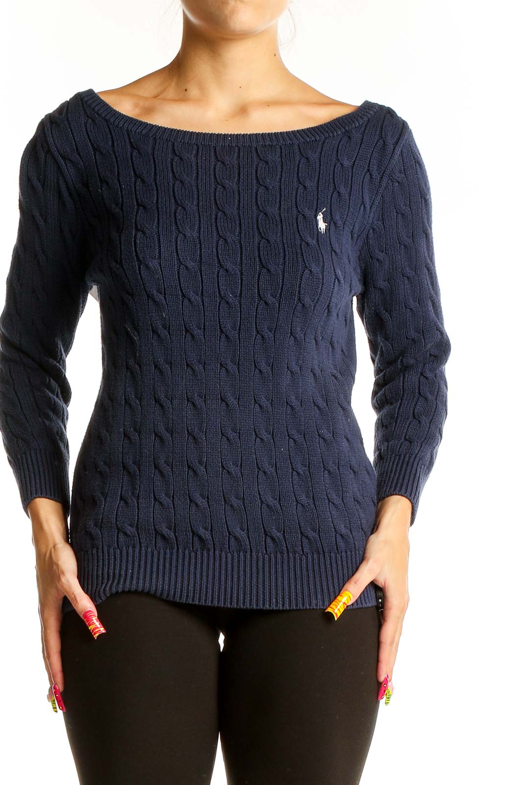 Navy Cable Knit Cotton Sweater Front