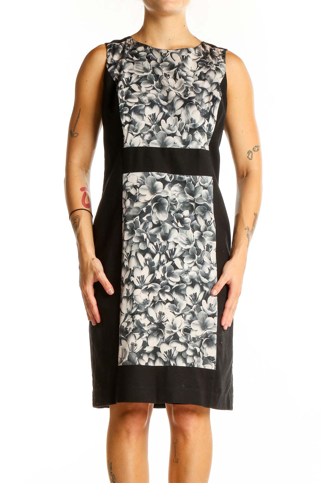 Black and White Floral Sheath Dress Front