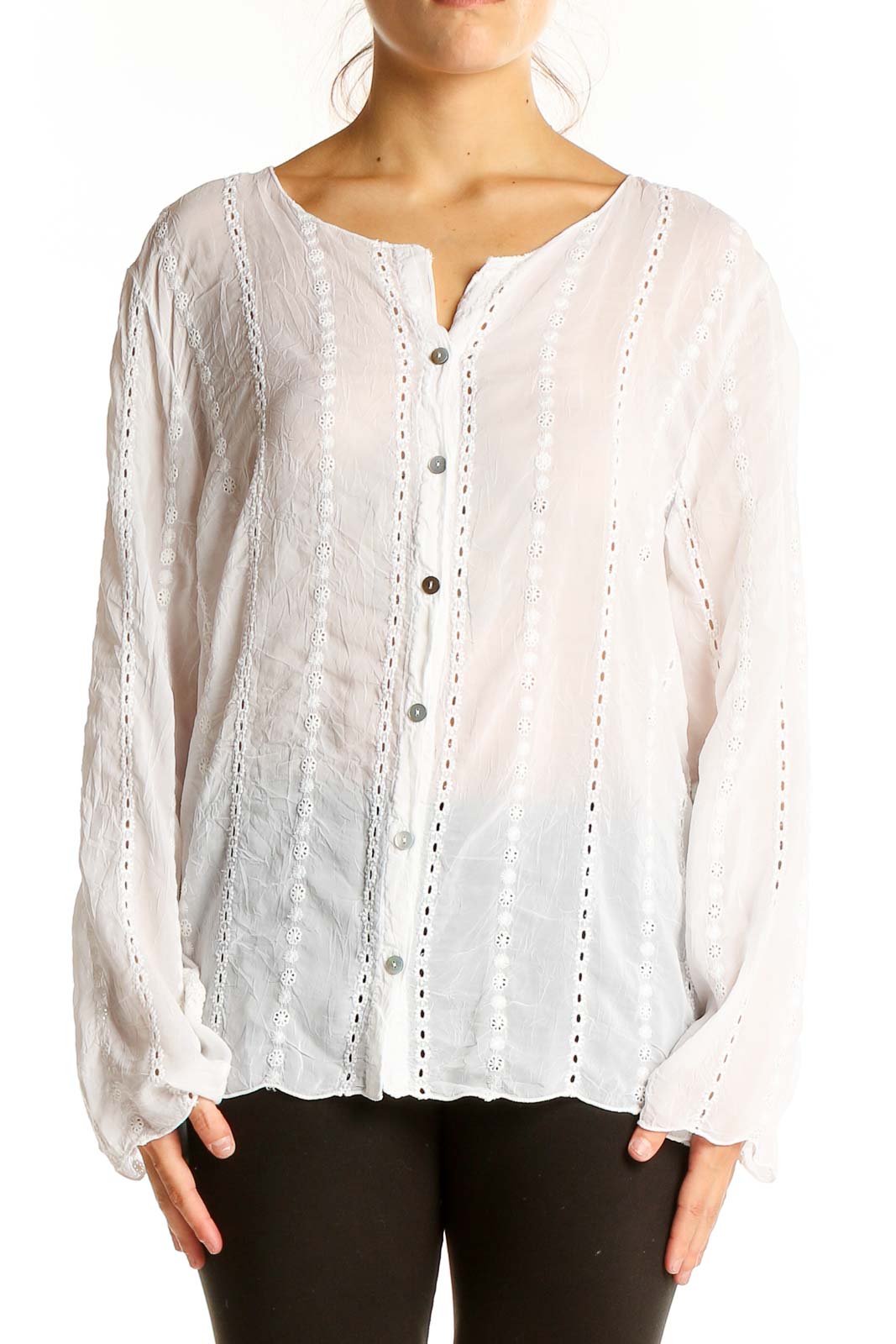 White Embroidered Long Sleeve Top Front