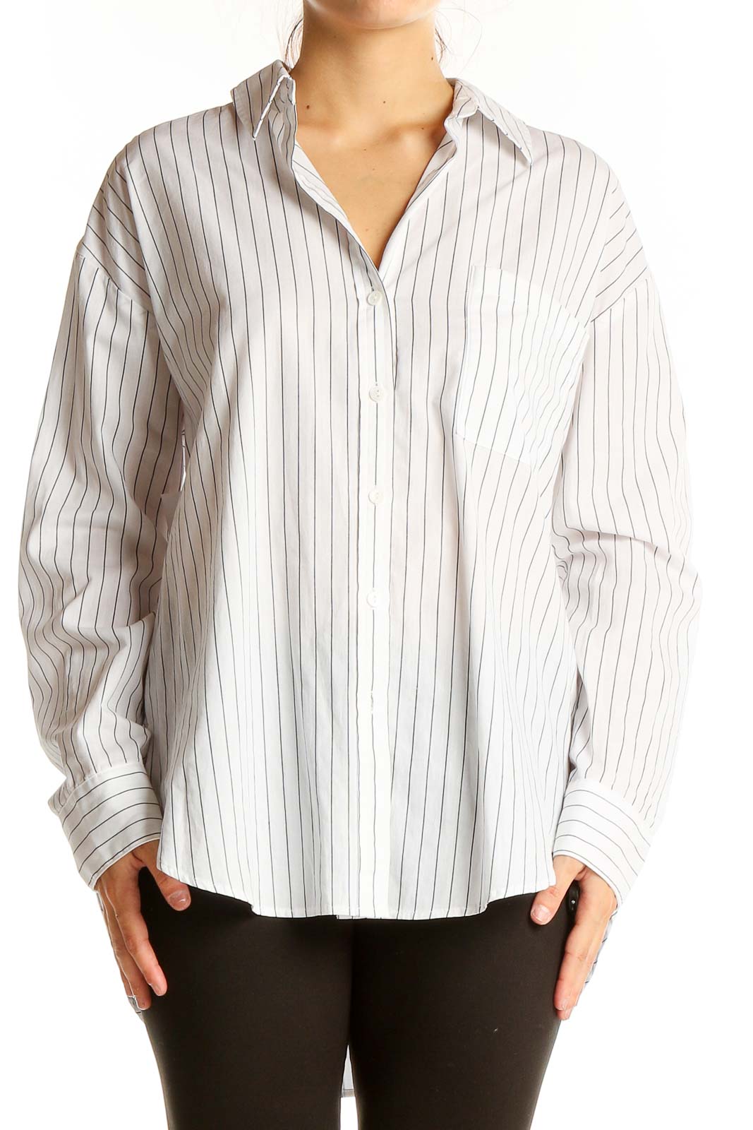 White Pinstriped Cotton Button-Down Shirt Front