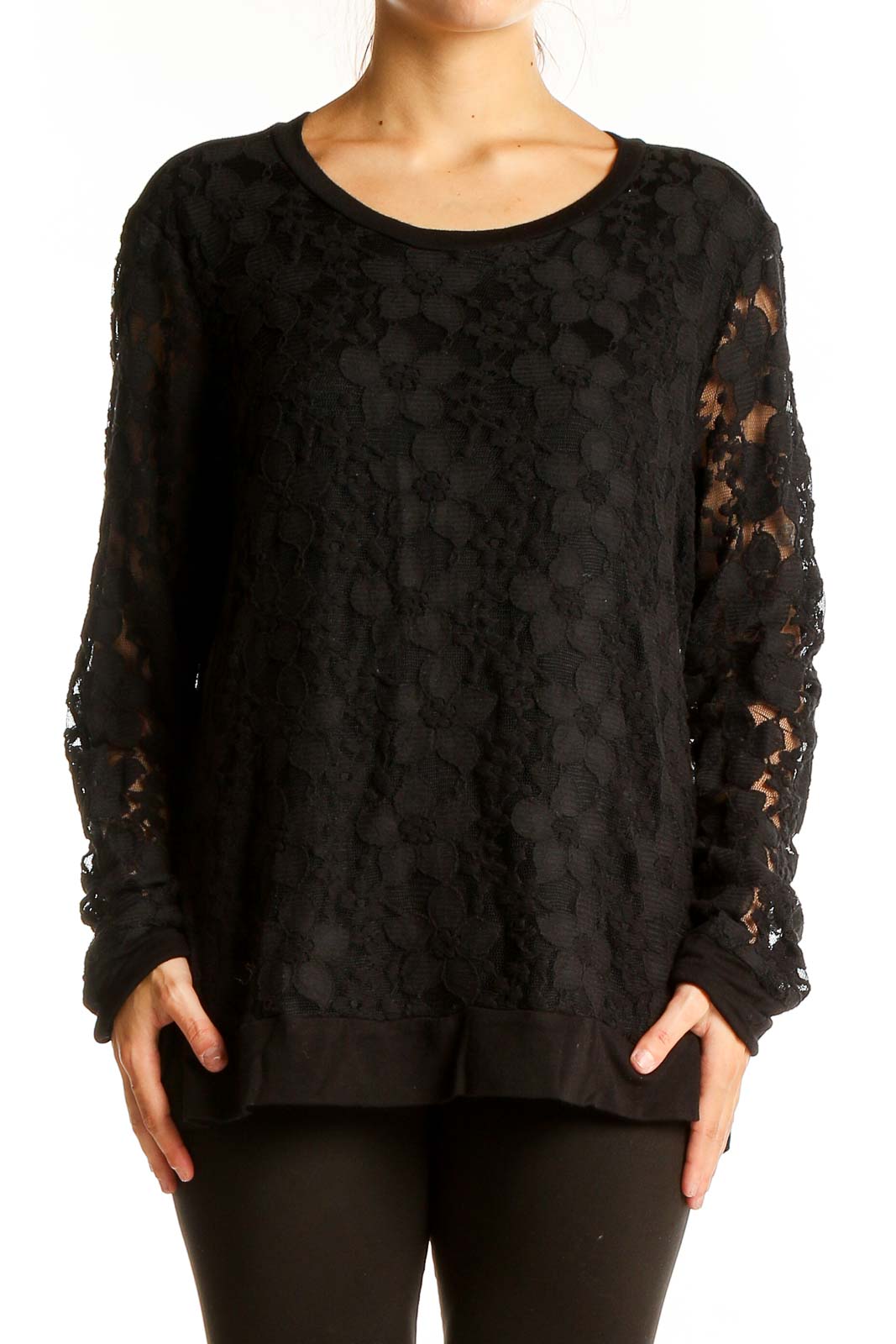 Black Floral Lace Long Sleeve Top Front