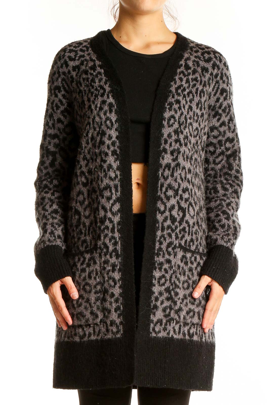 Gray Leopard Print Knit Cardigan Front