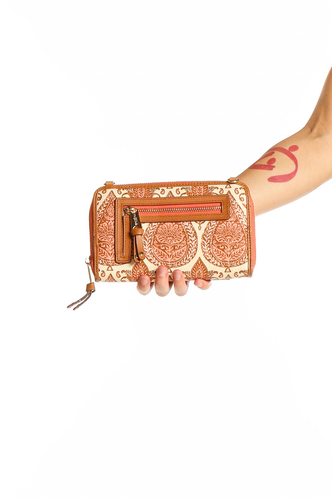 Tan Floral Embossed Leather Clutch Front