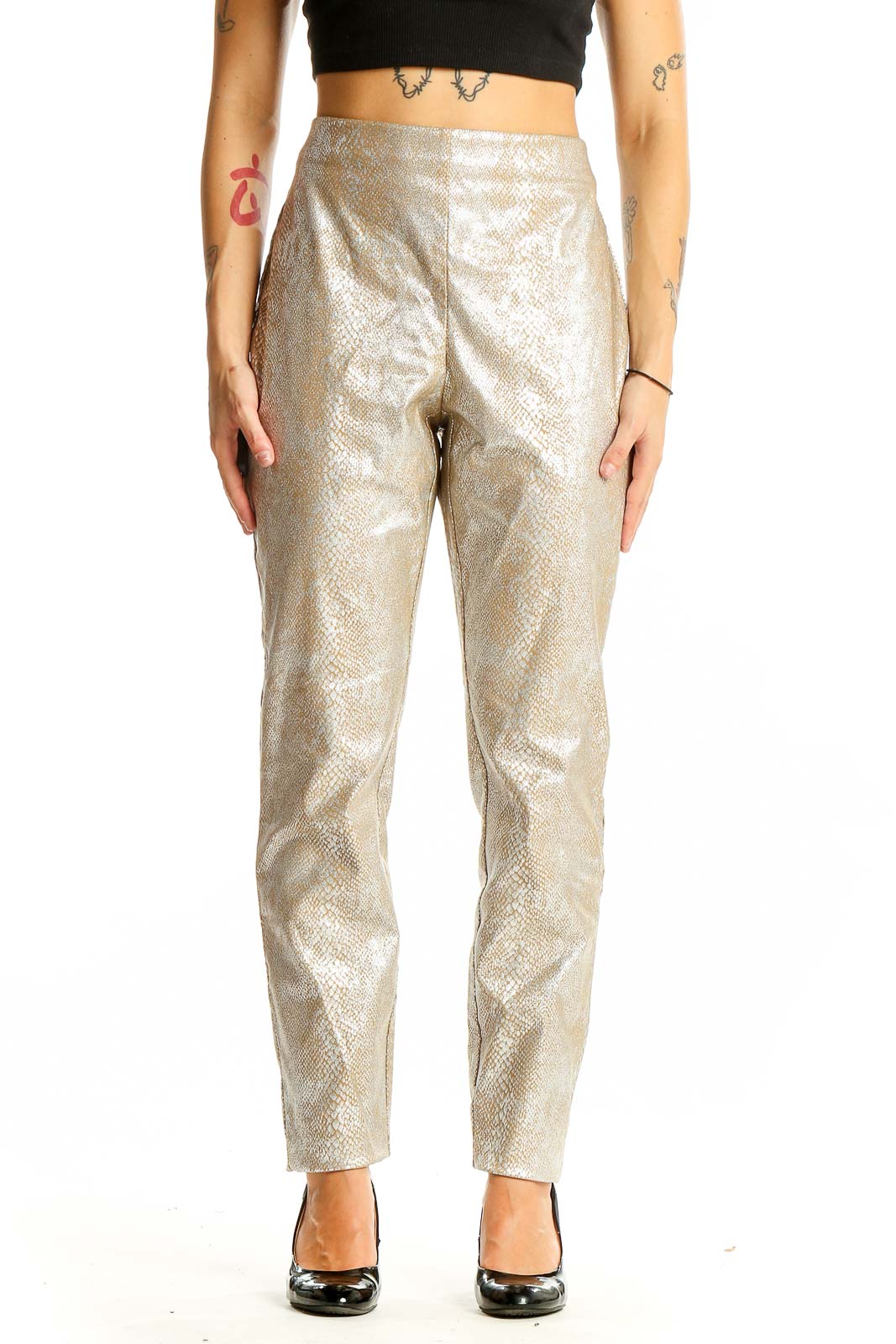 Metallic Gold Snakeskin Print Pants Front