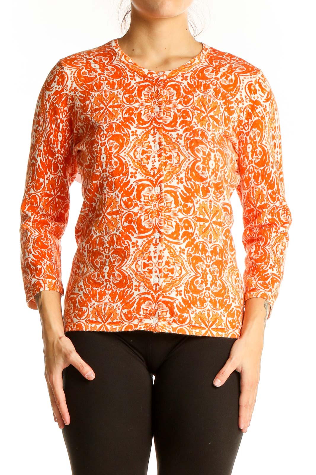 Orange Floral Print Long Sleeve Knit Top Front