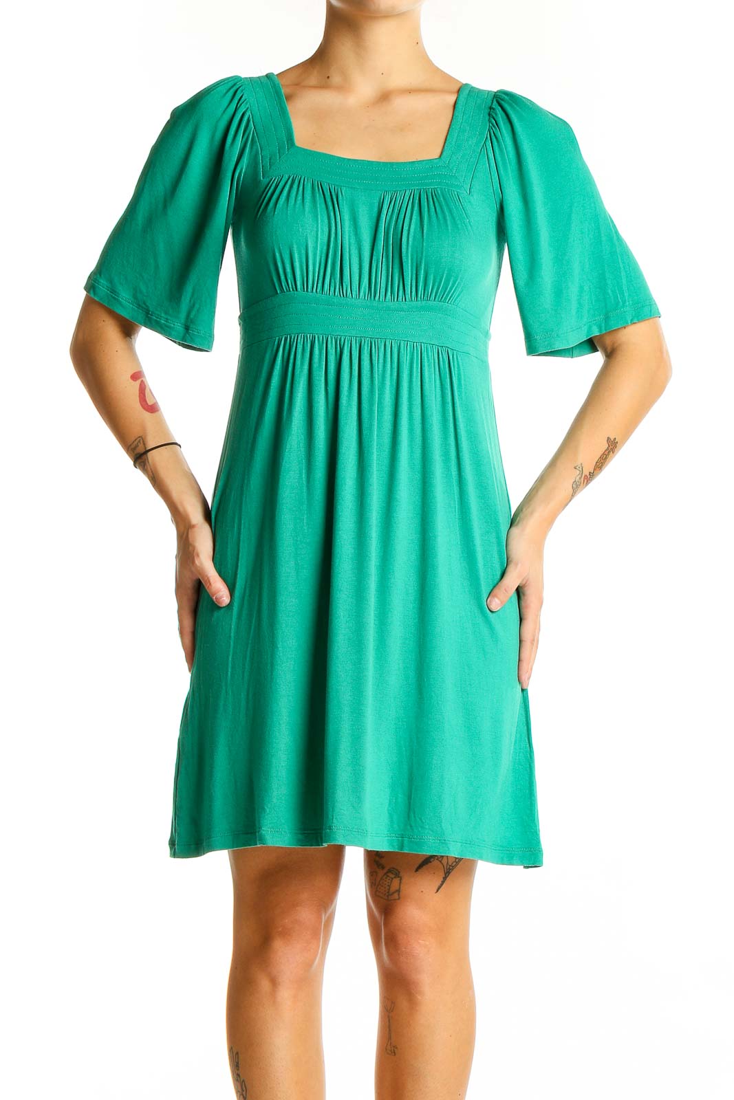 Green Square Neck Empire Waist Dress Front
