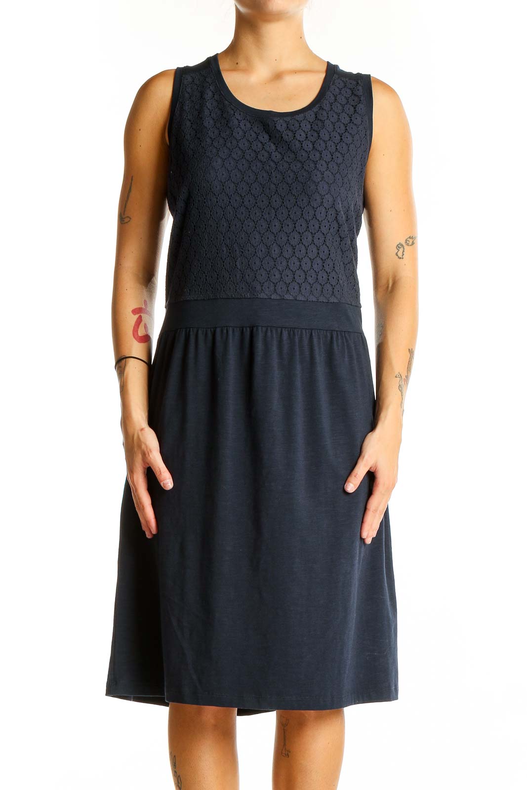 Navy Textured Sleeveless Midi Dress Front