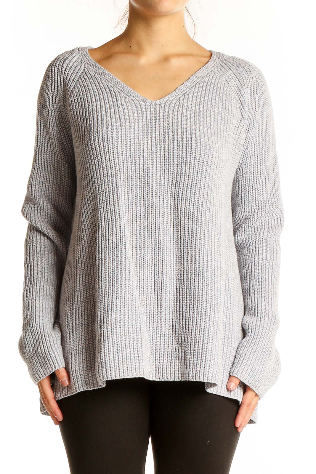 Gray Ribbed V-Neck Cotton Wool Sweater Front