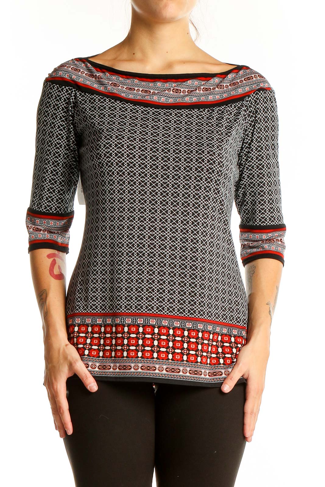 Black Geometric Print Boatneck Top Front