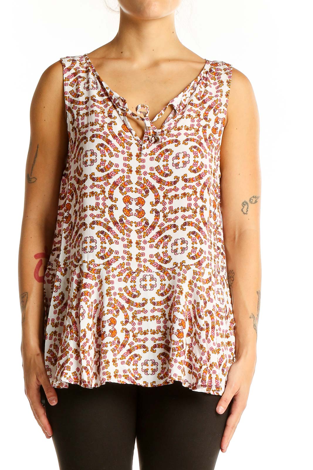 White Floral Print Sleeveless Peplum Top Front