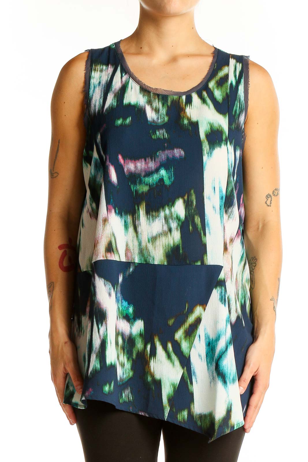 Navy Abstract Print Sleeveless Asymmetric Top Front