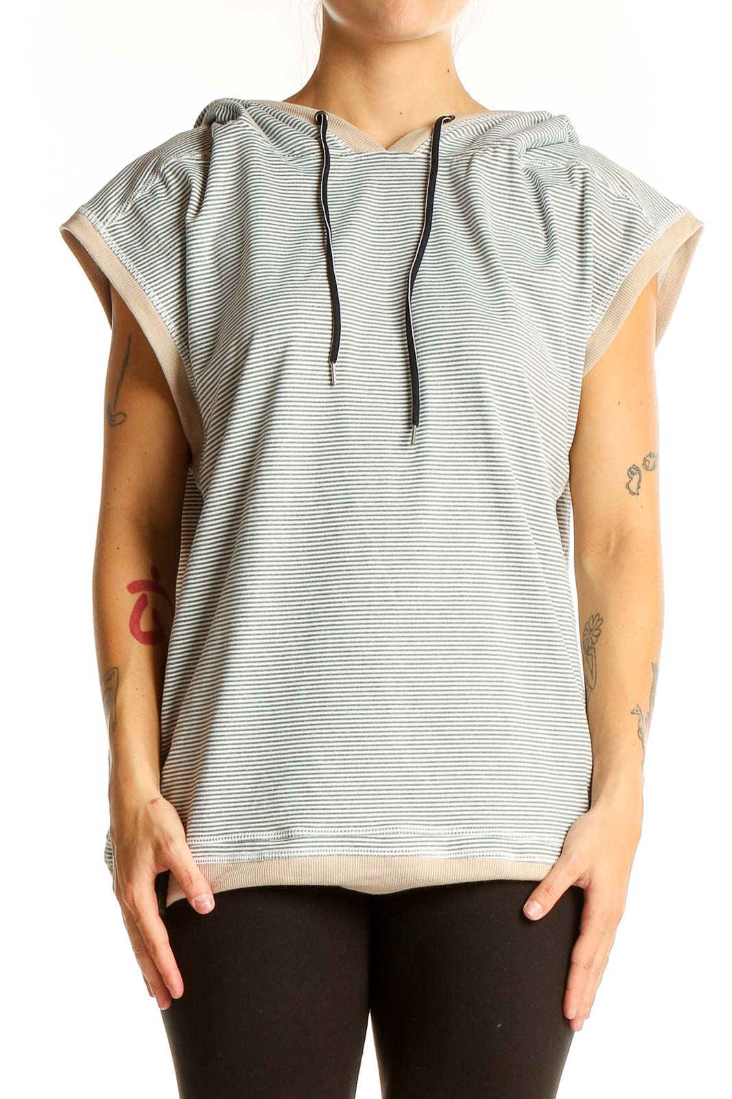 Gray Striped Hooded Sleeveless Top Front