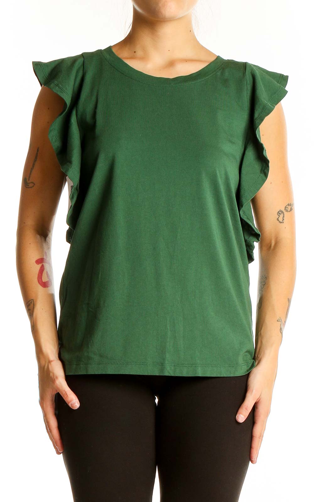 Green Ruffled Sleeve Cotton-Modal Top Front