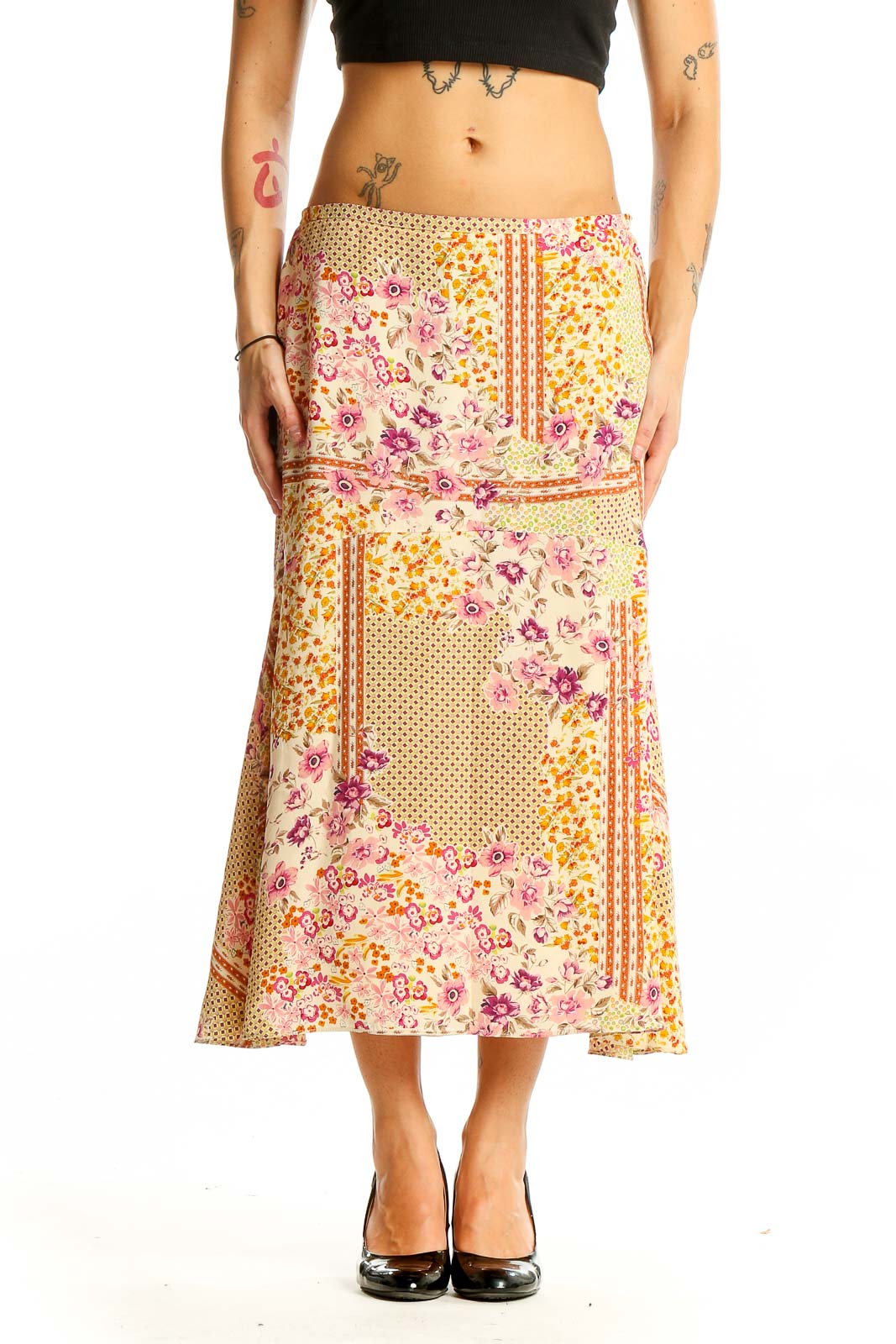 Yellow Floral Patchwork Midi Skirt Front