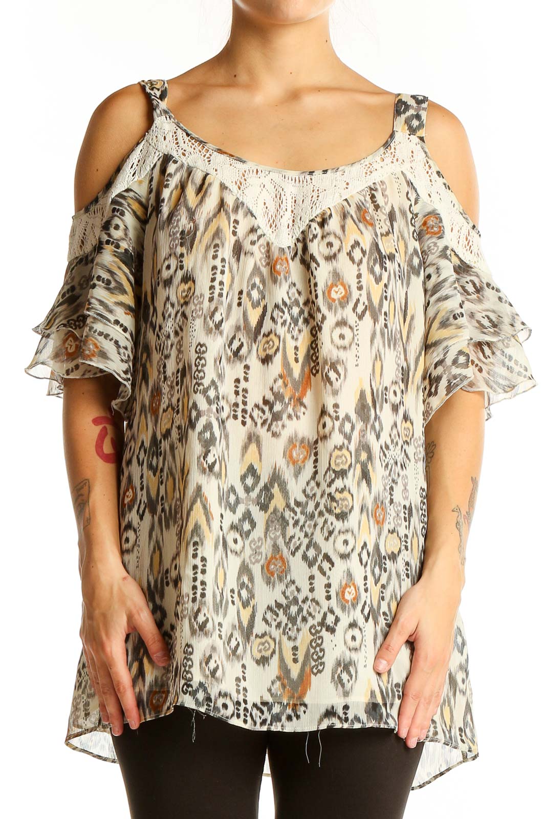 Beige Ikat Print Cold Shoulder Blouse Front