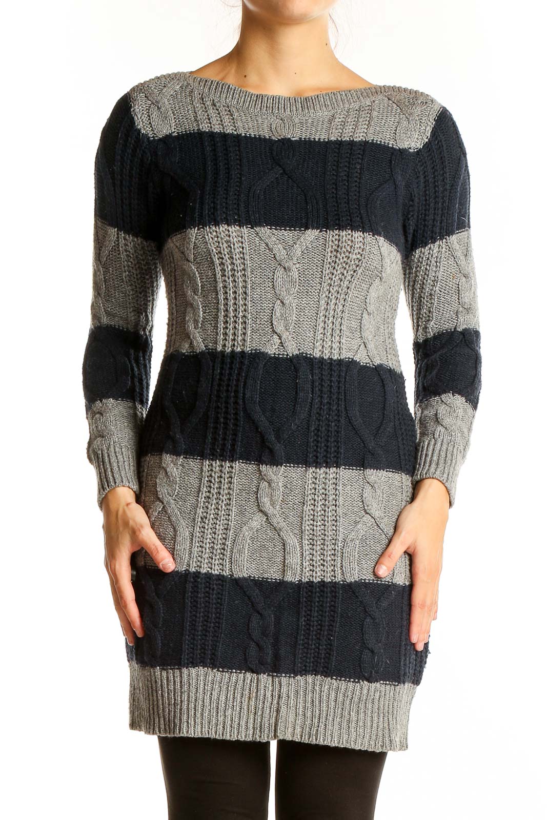 Gray and Navy Striped Cable Knit Sweater Dress Front