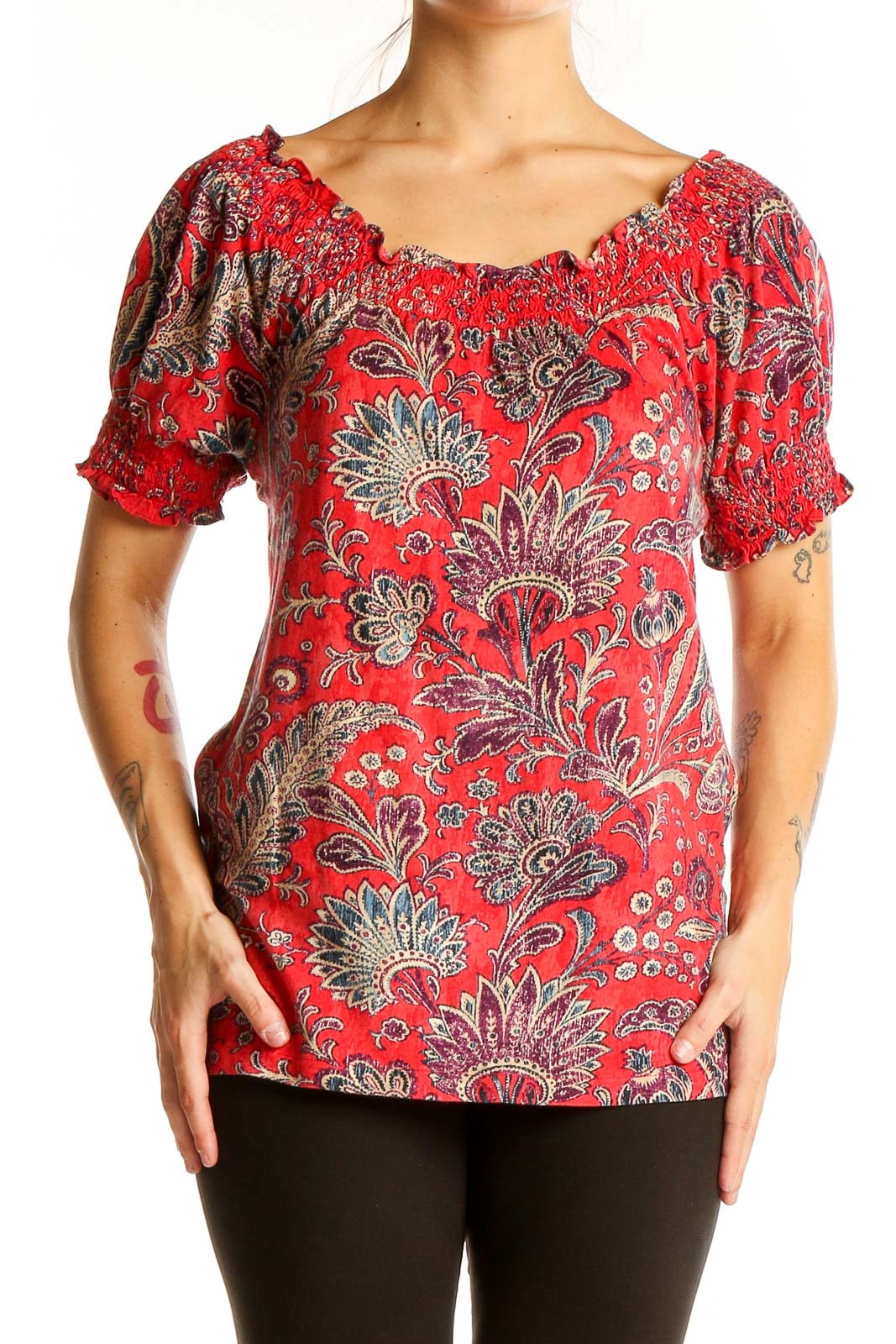 Red Floral Paisley Cotton Peasant Top Front