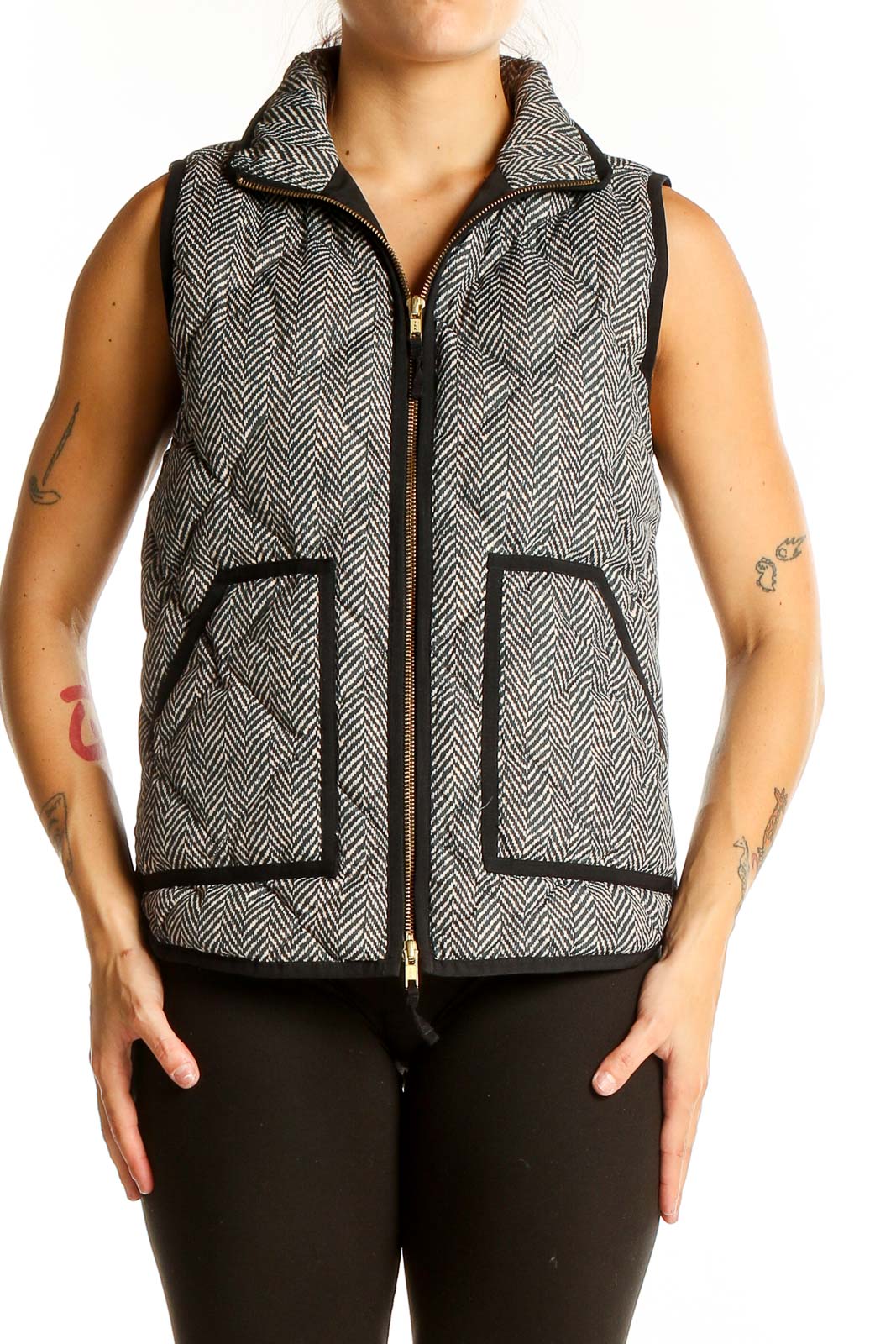 Gray Herringbone Quilted Puffer Vest Front