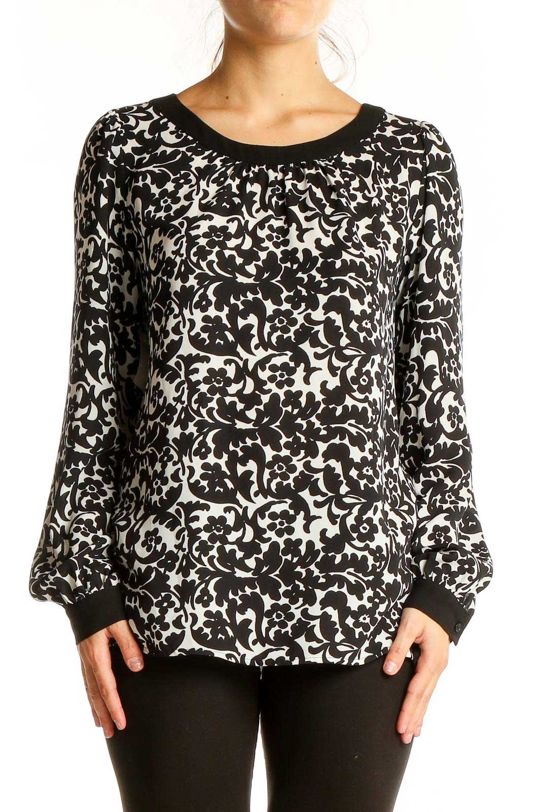 Black and White Floral Print Blouse Front