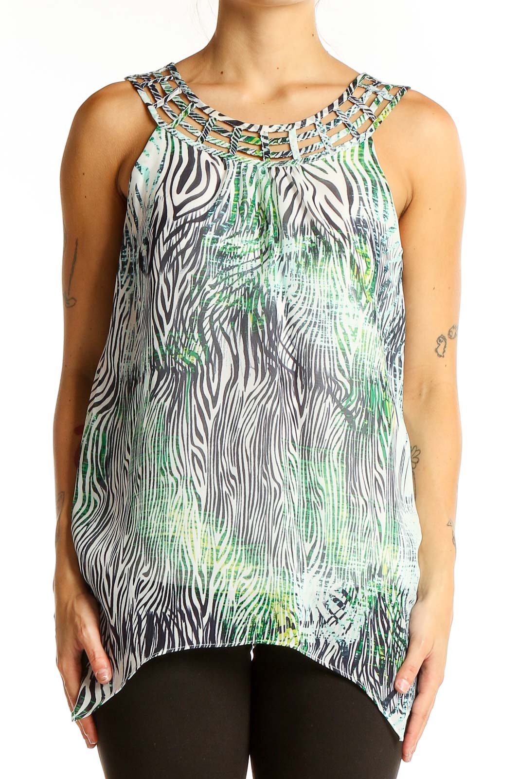 Green and Gray Zebra Print Sleeveless Top Front