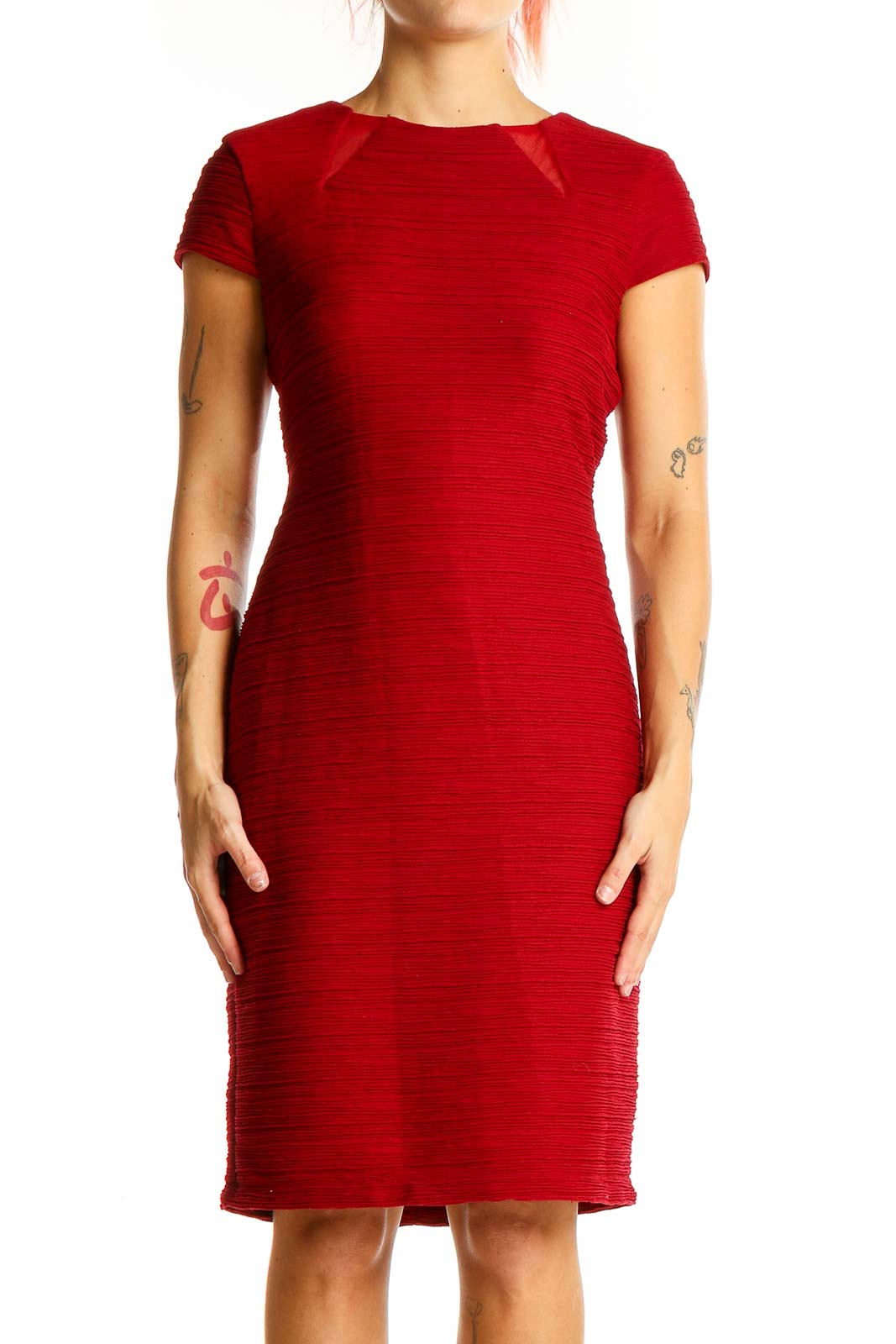 Red Textured Bodycon Midi Dress Front