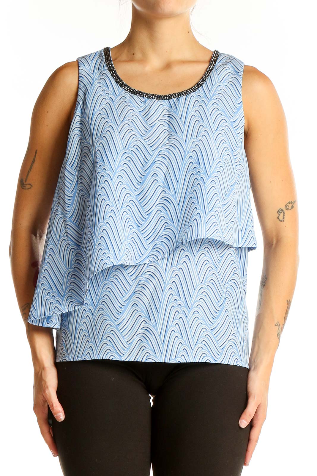 Light Blue Patterned Sleeveless Layered Top Front