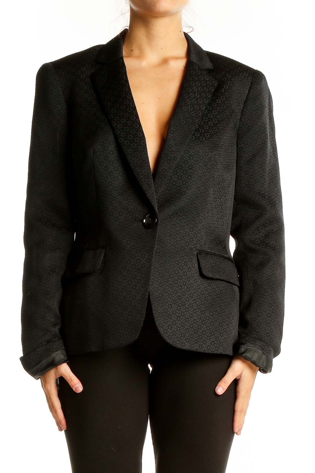 Black Textured Polyester Blazer Front