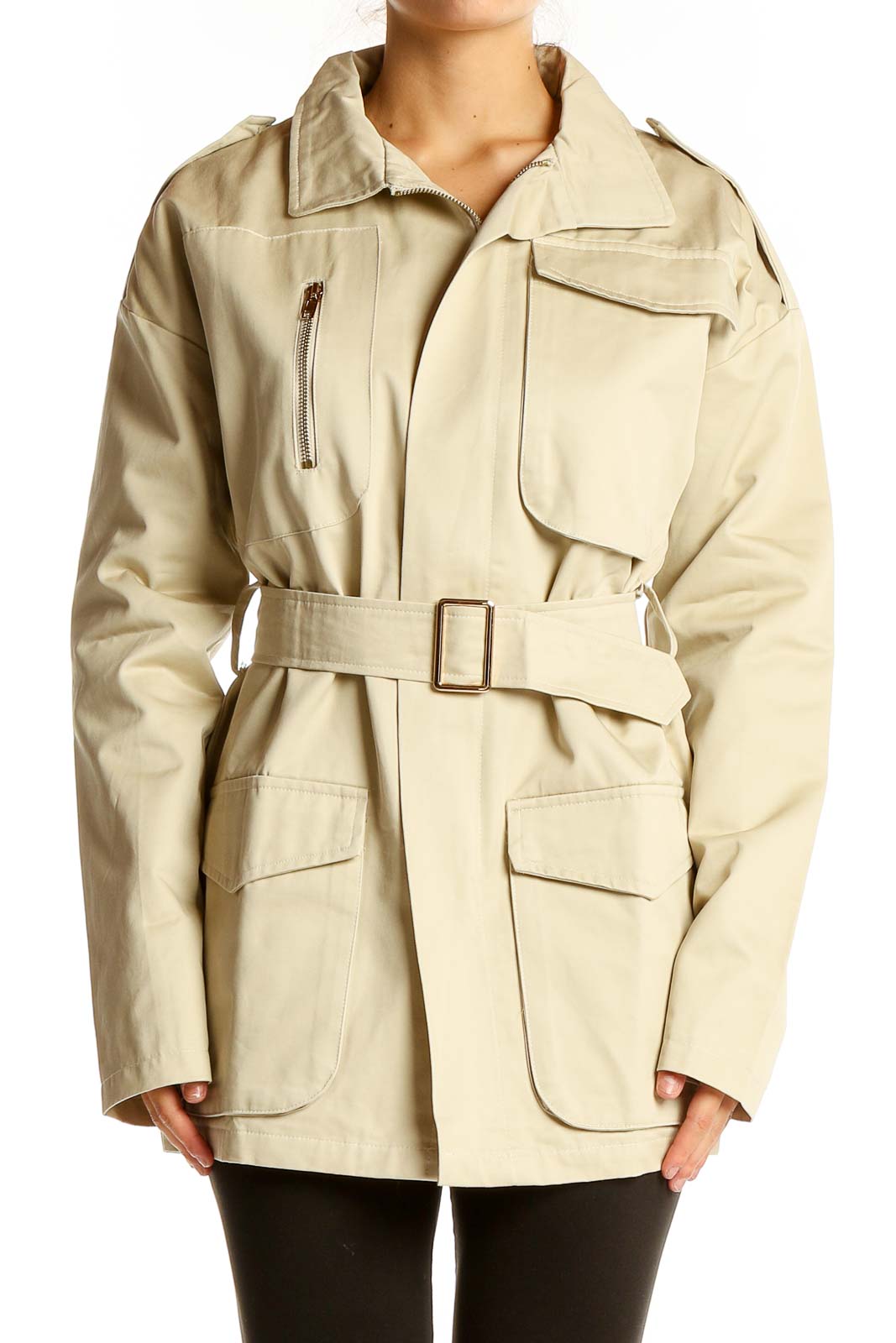 Beige Belted Utility Coat Front