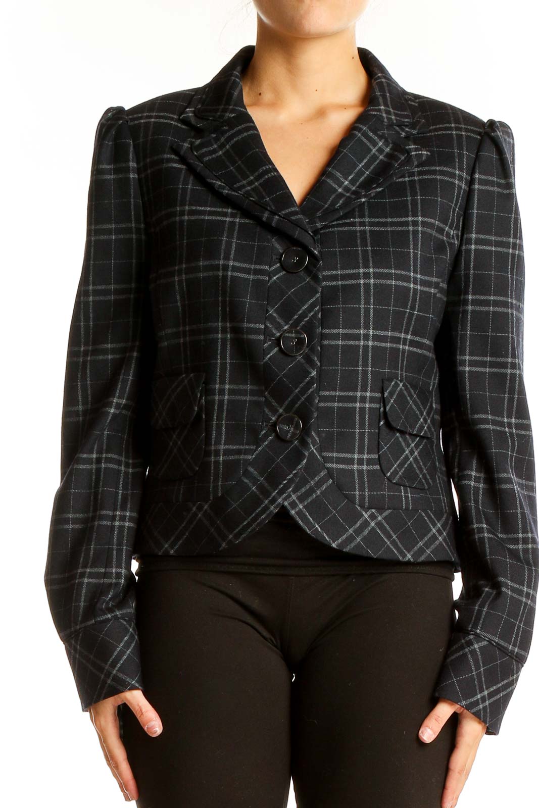 Black Plaid Cropped Blazer Front