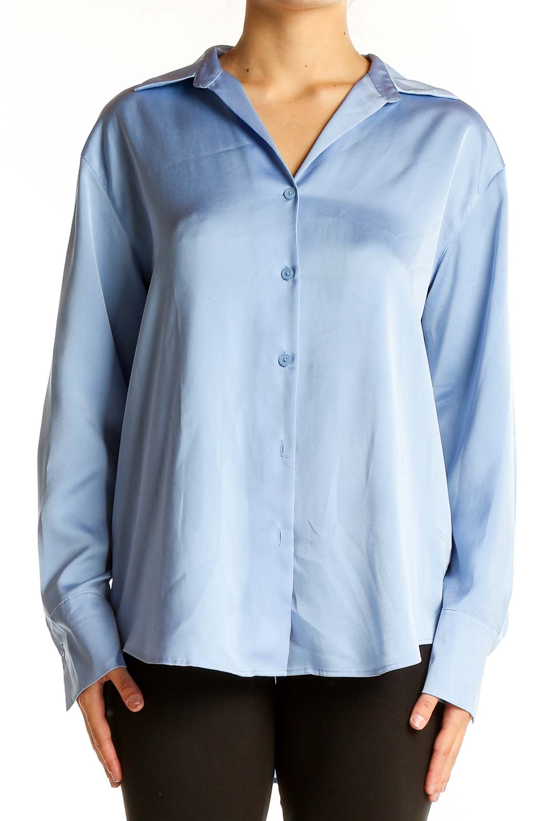 Light Blue Polyester Button-Down Shirt Front