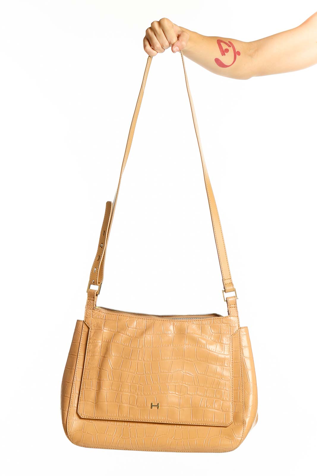Tan Croc-Embossed Leather Crossbody Bag Front